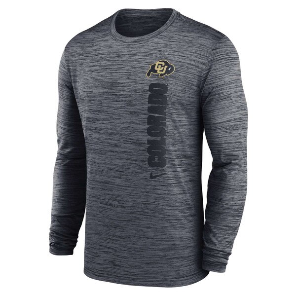 Front view of gray heathered long sleeve Nike shirt with vertical black COLORADO text and CU Buffaloes logo on left chest